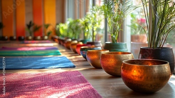Obraz Sound bath in a yoga studio, soft light, people resting, singing bowls creating healing sound