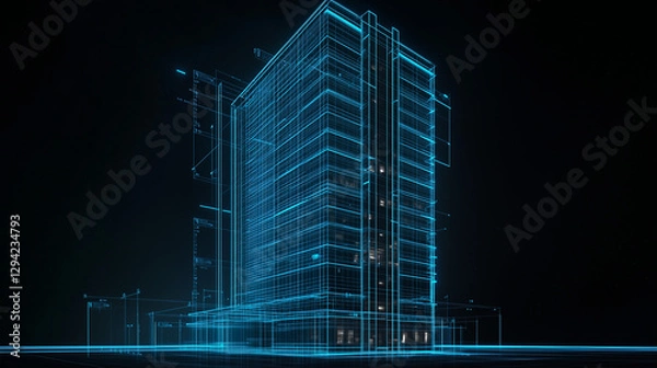 Obraz A photorealistic architectural rendering of a high-rise office building in blueprint form, showcasing a precise wireframe model with transparent façades