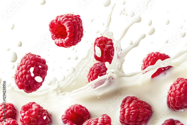 Fototapeta fresh raspberries with milk splash isolated on transparent background