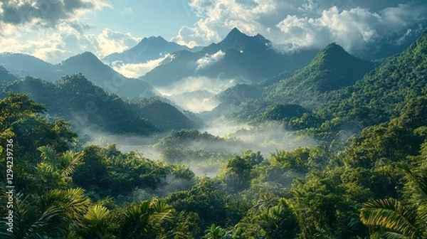 Fototapeta View of a mountain range in the distance, with a peaceful valley in the foreground, natural spa backdrop