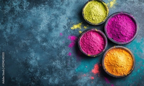 Fototapeta Colorful Holi festival background with vibrant powder in bowls on a grey-blue table, top view. Spring holiday concept