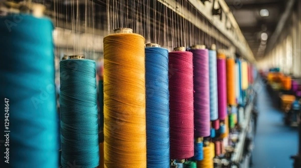 Fototapeta Vibrant Spools of Thread in a Busy Textile Factory Showcasing the Reality of Sweatshop Labor and Crowded Working Conditions