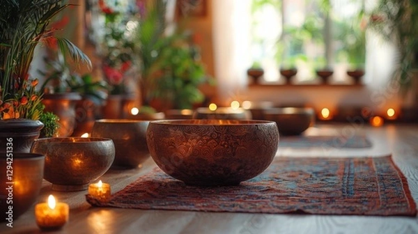 Fototapeta Group sound bath, creating a shared sense of calm, singing bowls, soft lights, healing energy
