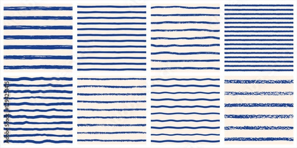 Obraz Seamless sailor vest stripes vector pattern collection. Hand brush crayon chalk drawn textured distressed uneven doodle grunge rough wavy stripes streaks bars strokes. Retro striped backgrounds set