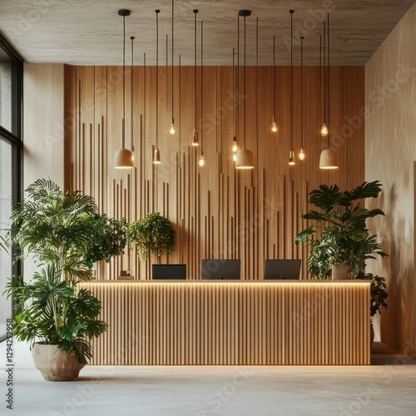 Fototapeta Wooden Reception Desk with Hanging Lights and Plants