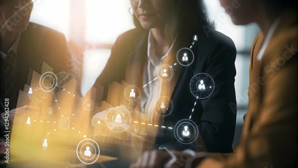 Fototapeta 3d Flat icon as Overhead view of a leader with digital transformation and tech symbols overlay symbolizing change leadership in double exposure with copy space. concept as An overhead view of a leader