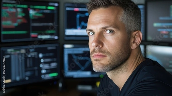 Fototapeta Cybersecurity threat monitoring for digital environment Focused man in front of multiple computer screens displaying data.