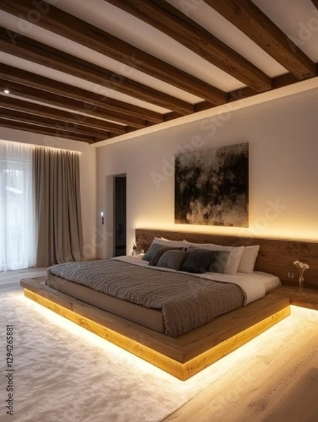 Fototapeta Modern bedroom with an illuminated bed and a wooden ceiling