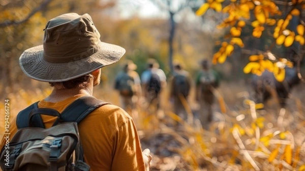 Fototapeta A person wearing a hat and backpack observes a group of hikers on a trail, surrounded by tall grass and colorful autumn leaves in the afternoon sunlight.