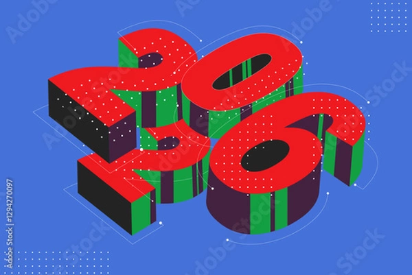 Fototapeta Happy New Year 2026 number  in retro futuristic style banner web, invite posters, template, Layout, greeting card, background  3d  contemporary mid century design