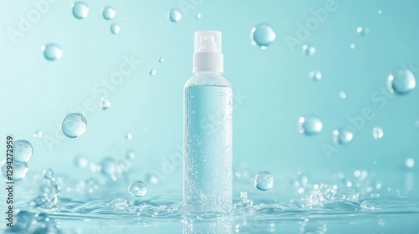 Fototapeta Water-based spray bottle, splashing, light blue backdrop