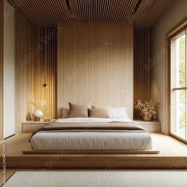 Fototapeta A minimalist designed bedroom with wood accents and soft lighting