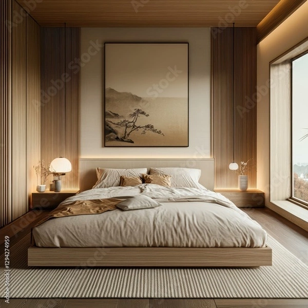 Fototapeta The comfortable bedroom features a clean aesthetic in a neutral tone