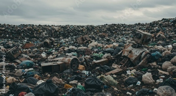 Fototapeta Rusty Robots in a Landfill - Depicts discarded robots amidst a vast landfill, symbolizing technological obsolescence, environmental pollution, resource depletion, future dystopia