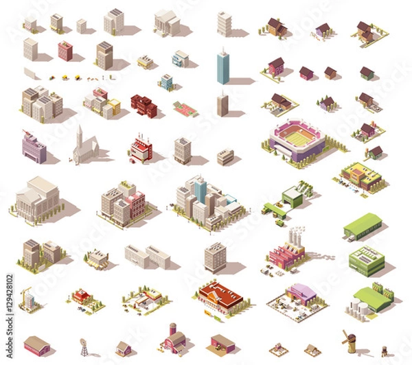 Obraz Vector izometryczne budynki i domy low poly