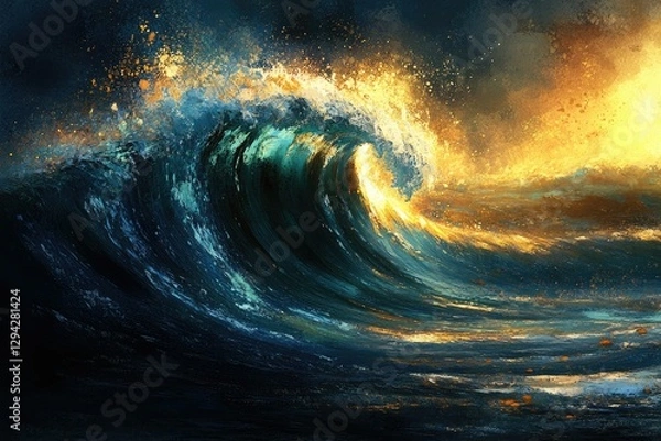 Fototapeta A majestic ocean wave crests, illuminated by a golden sunset, creating a breathtaking and powerful visual.
