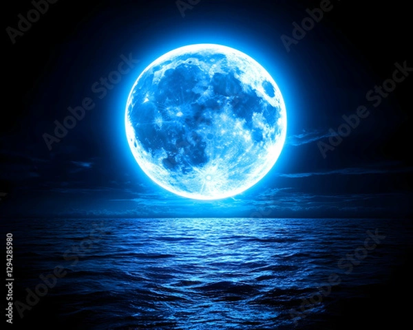 Fototapeta Blue moon over tranquil ocean at night