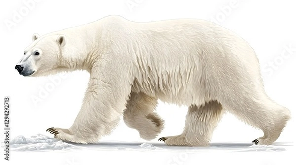 Fototapeta Detailed of a polar bear walking across an icy landscape with its fur rendered in a soft naturalist cross hatching technique  The polar bear stands out against the frozen snowy environment