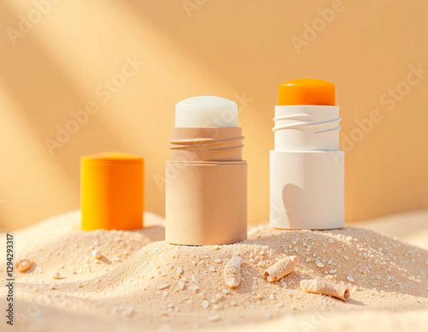 Fototapeta Biodegradable SPF sticks in recycled paper packaging, set on a textured sand base, sunlit staging.