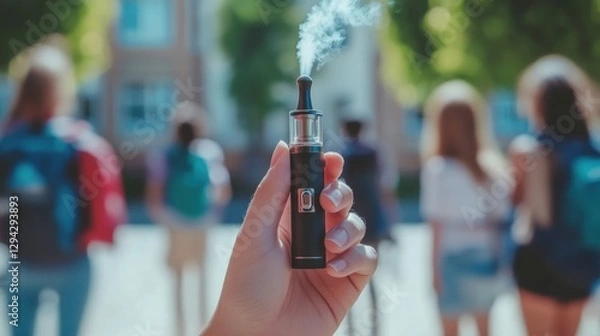 Fototapeta Hand holds vape device in front of students at school during a busy day