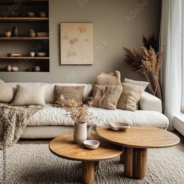 Fototapeta Modern interior design showcases a living room with many items