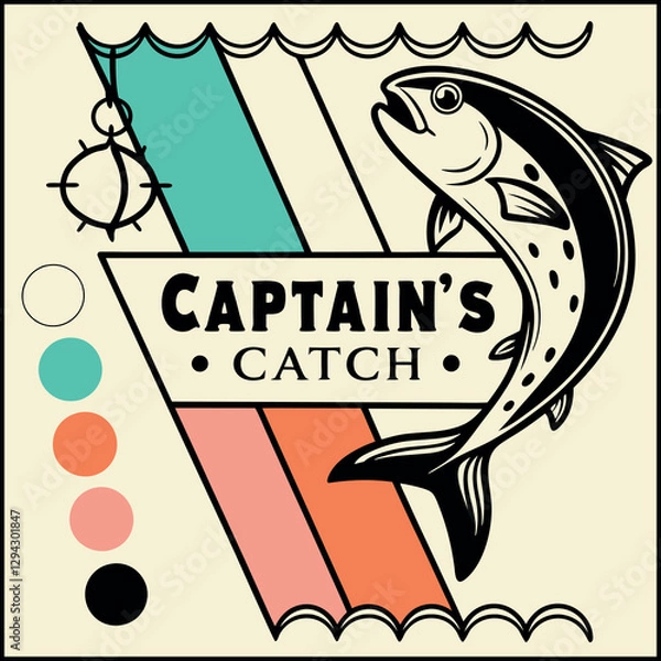 Fototapeta Captain's Catch- T-Shirt Design with Fish Illustration and Retro Stripes