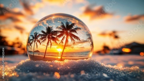 Fototapeta Snow globe featuring palm trees and a serene beach scene encased in glass with snowflakes