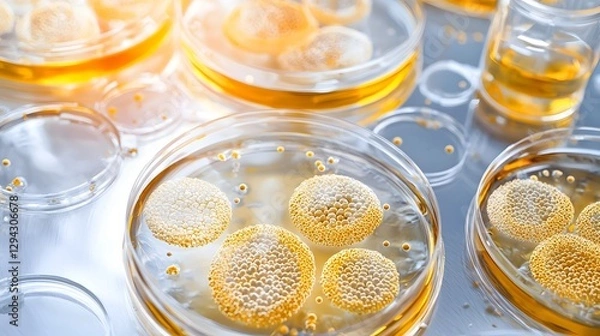 Fototapeta Petri dish filled with bacilli bacteria colonies reacting to an experimental drug with natural daylight highlighting the intricate bacterial patterns in a refined laboratory themed medium shot