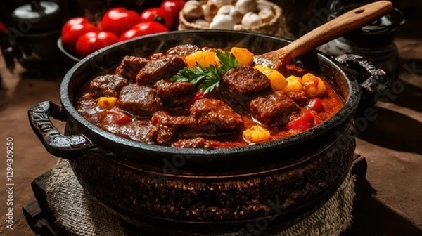 Fototapeta Steaming hot goulash cooking in a cast iron pot