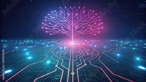 Fototapeta Futuristic circuit tree with glowing neon pink and blue lights, symbolizing technology, AI, and digital growth. Abstract tech innovation and data network concept