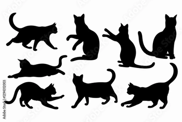 Fototapeta Cats black set, Cat silhouette set, black cats in different poses, Cat Illustration Vector Art & Graphics, Isolated on White Background