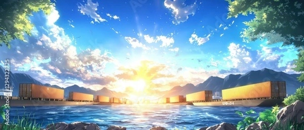 Fototapeta Picturesque lakeside landscape with a tranquil body of water reflecting the vibrant colors of the sky at sunset  Majestic mountains rise in the distance