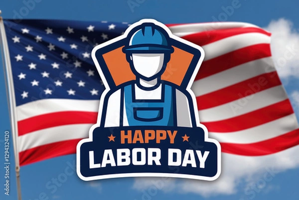 Fototapeta A 3D render of a worker logo with the text "Happy Labor Day". There is a US flag behind the worker. The background is a blue sky with white clouds.