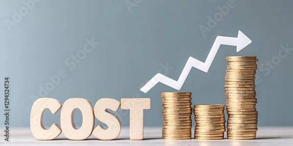 Obraz Rising Costs: Depicts increasing expenses with stacked coins, wooden letters spelling "COST", and an upward-pointing arrow symbolizing the rise in financial burdens.
