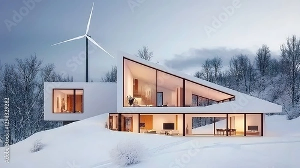 Fototapeta Futuristic 3D blueprint of a mountaintop smart home featuring self heating walls AI optimized wind turbine