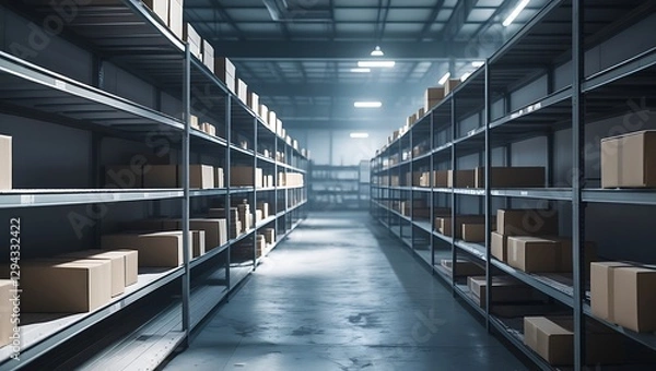 Fototapeta Empty factory shelves with missing raw materials, shortages, production delays, supply chain issues

