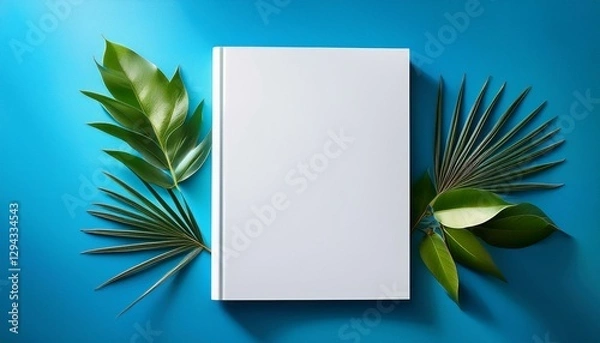 Fototapeta mockup of a blank cover white magazine with a blue background with leaves
