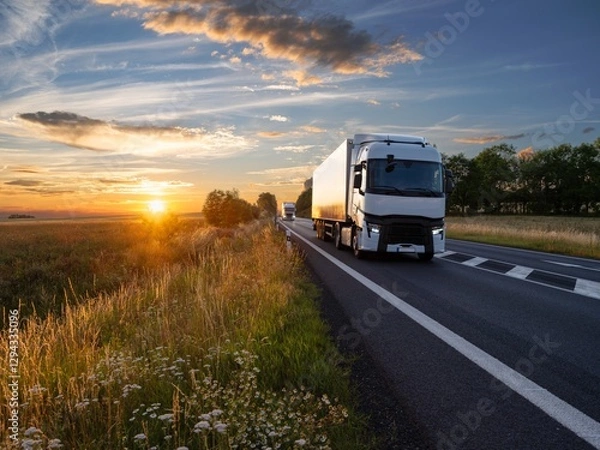 Obraz Two white trucks driving on an asphalt road in rural landscape at sunset
