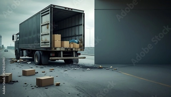 Fototapeta Broken-down delivery truck with open cargo doors – Indicating logistics failure, transportation delay, and supply chain crisis.