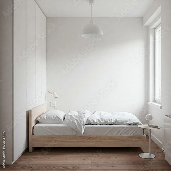 Fototapeta A contemporary bedroom, light and spacious, with minimalist decor.