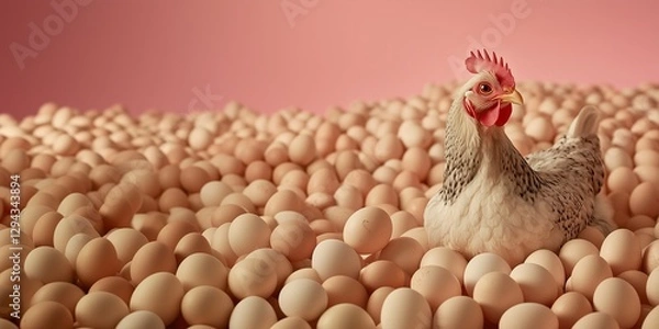Fototapeta Graceful light chicken sitting surrounded by a huge number of brown eggs on a uniform pink background