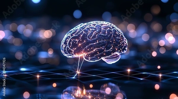 Fototapeta Glowing digital brain floating over neural network grid with blue bokeh lights background represents artificial intelligence and machine learning technology.