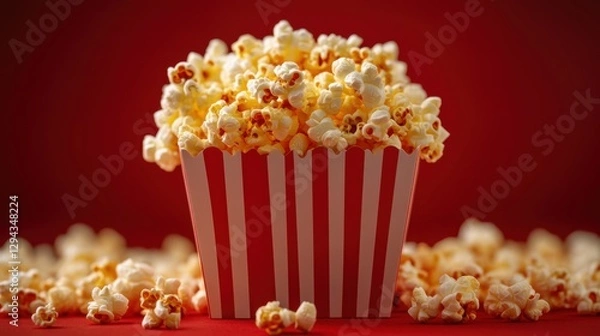 Fototapeta Delicious popcorn overflowing from a striped container on a vibrant red backdrop in a cinematic still life