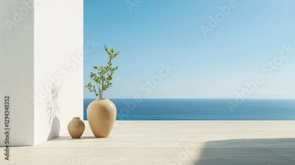 Obraz Tranquil seaside artwork featuring elegant vases coastal view minimalist design serene atmosphere