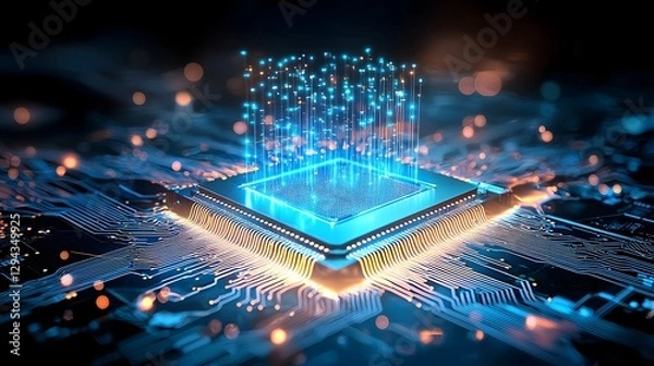 Fototapeta Ultra detailed Radiant Microchip Surrounded by Pulsating Digital Energy Waves Representing Advanced Cybernetic Technology and Innovation