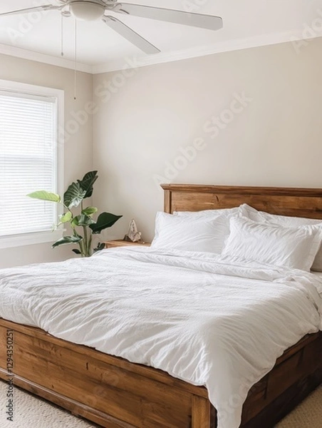 Fototapeta Beautiful bedroom showing wooden bed with nice white bedspread