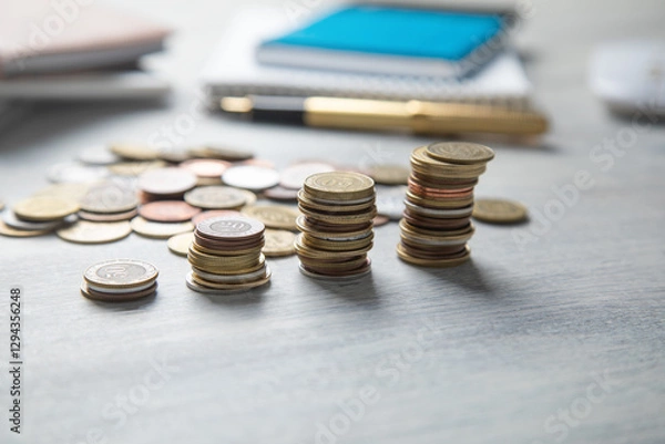 Fototapeta Stack of coins on the desk with a business objects.