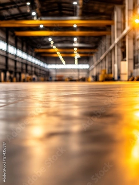 Fototapeta Interior view of a spacious warehouse with polished concrete floor and warm lighting