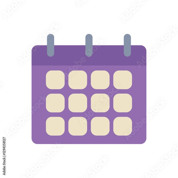 Fototapeta Flat vector illustration of a purple wall calendar with cream-colored date blocks and three hanging rings, representing schedule or planning tool