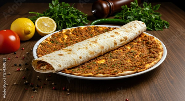 Fototapeta Lahmacun - Turkish Pizza wrapped on a dark background